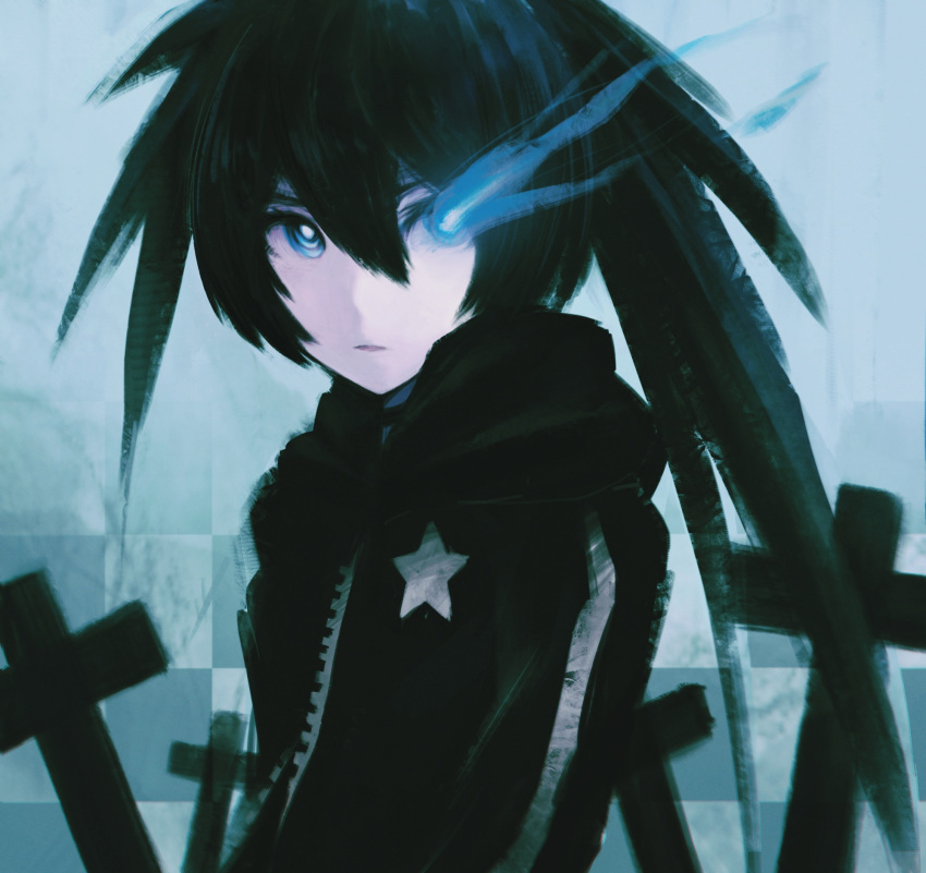 1girl asymmetrical_hair black_coat black_hair black_rock_shooter black_rock_shooter_(character) blue_eyes checkered checkered_background closed_mouth coat cross flaming_eye hair_between_eyes highres hooded_coat long_hair looking_at_viewer ly_(pixiv13839236) print_coat solo star star_print twintails upper_body