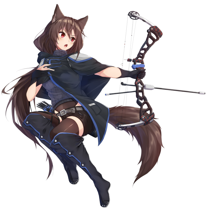 1girl absurdres animal_ear_fluff animal_ears arrow bangs belt belt_buckle black_cloak black_footwear black_gloves black_shorts blush boots bow_(weapon) brown_hair brown_legwear buckle cloak eyebrows_visible_through_hair full_body gloves grey_belt grey_sweater hair_between_eyes highres holding holding_bow_(weapon) holding_weapon knee_boots long_hair looking_away looking_to_the_side open_mouth original outstretched_arm partly_fingerless_gloves ponta_(velmar) quiver red_eyes ribbed_sweater short_shorts shorts simple_background solo sweater tail thigh-highs thighhighs_under_boots turtleneck turtleneck_sweater v-shaped_eyebrows very_long_hair weapon white_background