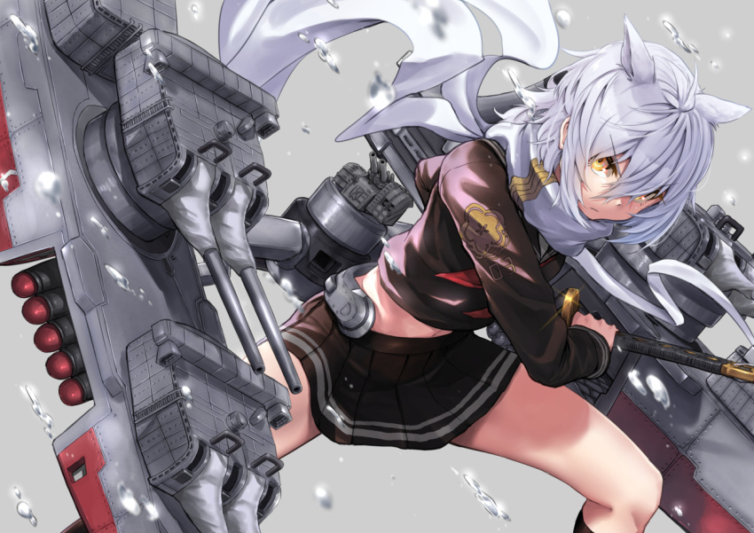 1girl animal_ears azur_lane black_serafuku black_skirt bow cannon extra_ears eyebrows_visible_through_hair hair_between_eyes holding holding_sheath holding_sword holding_weapon katana maya_(azur_lane) medium_hair pleated_skirt scarf school_uniform serafuku sheath sheathed silver_hair skirt solo sword torpedo_launcher turret weapon white_bow white_scarf yellow_eyes zombie_mogura