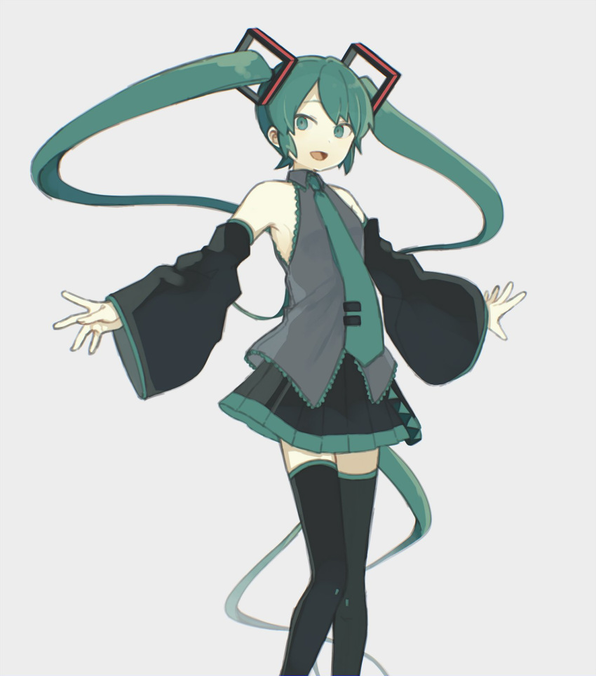 1girl aqua_eyes aqua_hair aqua_neckwear bare_shoulders black_legwear black_skirt black_sleeves commentary detached_sleeves feet_out_of_frame grey_background grey_shirt hair_ornament hatsune_miku highres long_hair looking_at_viewer necktie open_mouth outstretched_arms shirt skirt sleeveless sleeveless_shirt smile solo standing tanaka_miz thigh-highs twintails very_long_hair vocaloid