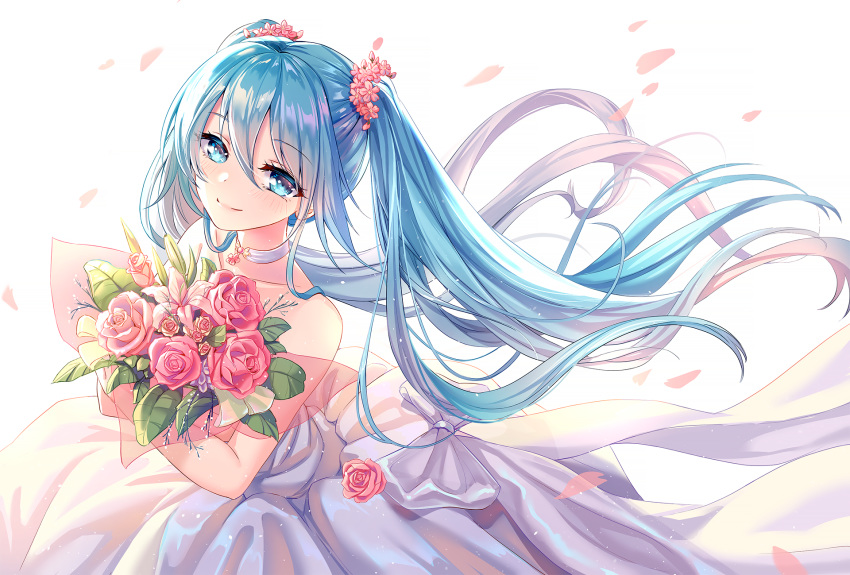 1girl blue_eyes blue_hair bouquet dress eyebrows_visible_through_hair floating_hair flower hair_between_eyes hair_flower hair_ornament hatsune_miku highres lalazyt light_smile long_hair petals solo twintails very_long_hair vocaloid white_background white_dress