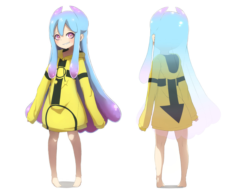 1girl absurdres bangs barefoot blue_hair drawstring gradient_hair grin highres hood hood_down hoodie hoodie_dress idaten93 long_hair long_sleeves looking_at_viewer multicolored_hair multiple_views original purple_hair shadow sharp_teeth sleeves_past_wrists smile standing symbol-shaped_pupils teeth turnaround very_long_hair violet_eyes white_background x-ray yellow_hoodie