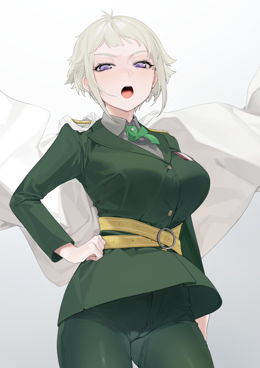 1girl absurdres belt breasts cape collared_shirt commentary_request cowboy_shot highres jacket large_breasts long_sleeves marchen_madchen maria_rasputin military military_uniform ohisashiburi open_mouth shirt short_hair sidelocks silver_hair solo uniform violet_eyes white_cape wing_collar