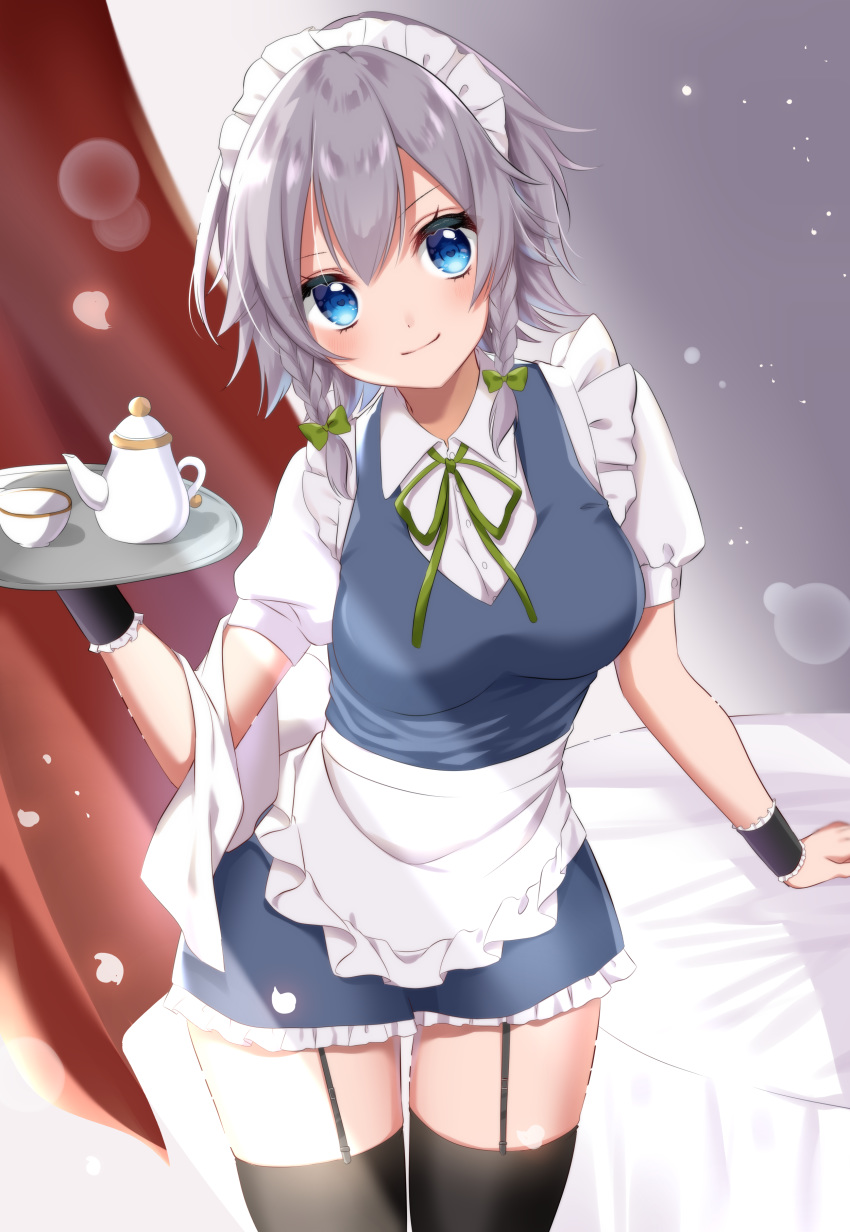 1girl absurdres apron bangs bed black_legwear blue_dress blue_eyes blush bow braid breasts commentary_request cowboy_shot cup curtains dress frilled_apron frills garter_straps green_bow green_neckwear green_ribbon hair_between_eyes hair_bow hand_up highres holding holding_tray indoors izayoi_sakuya lens_flare light_rays looking_at_viewer maid maid_apron maid_headdress medium_breasts neck_ribbon partial_commentary petticoat ribbon shiki_(s1k1xxx) shirt short_hair silver_hair smile solo standing teacup teapot thigh-highs thighs touhou tray twin_braids waist_apron white_apron white_shirt wrist_cuffs zettai_ryouiki