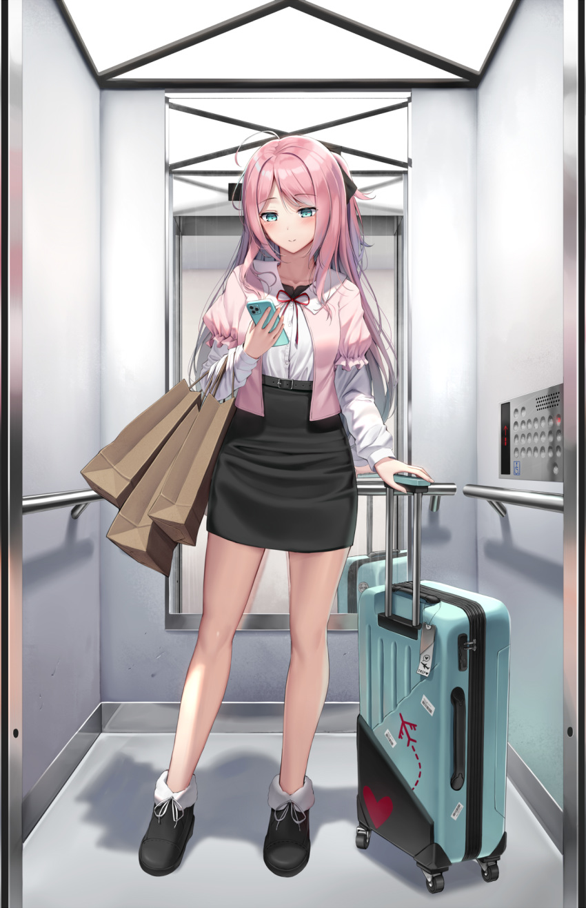 1girl bag bangs bare_legs belt_buckle blue_eyes blush breasts buckle cellphone full_body hair_between_eyes hair_ribbon highres holding holding_cellphone holding_phone indoors jacket lift long_hair long_sleeves neck_ribbon open_clothes open_jacket original pencil_skirt phone pink_hair pink_jacket puffy_long_sleeves puffy_sleeves red_ribbon ribbon rolling_suitcase shadow shirt shoes shopping_bag skirt smartphone solo superpig white_shirt