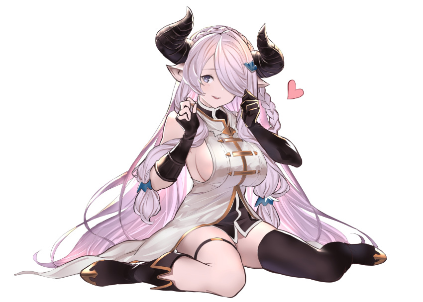 1girl asymmetrical_footwear bare_shoulders black_gloves blush boots braid breasts commentary_request draph elbow_gloves fingerless_gloves full_body gloves granblue_fantasy hair_ornament hair_over_one_eye hairclip hands_up highres horns jikatarou knee_boots large_breasts long_hair looking_at_viewer low-tied_long_hair narmaya_(granblue_fantasy) open_mouth pink_hair pointy_ears simple_background sitting sleeveless smile solo thigh-highs thigh_boots thigh_strap tied_hair violet_eyes wariza white_background