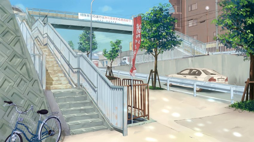 bicycle blue_sky car day grass ground_vehicle guard_rail highres motor_vehicle nanabuluku no_humans outdoors overpass photo-referenced railing scenery sky stairs tree