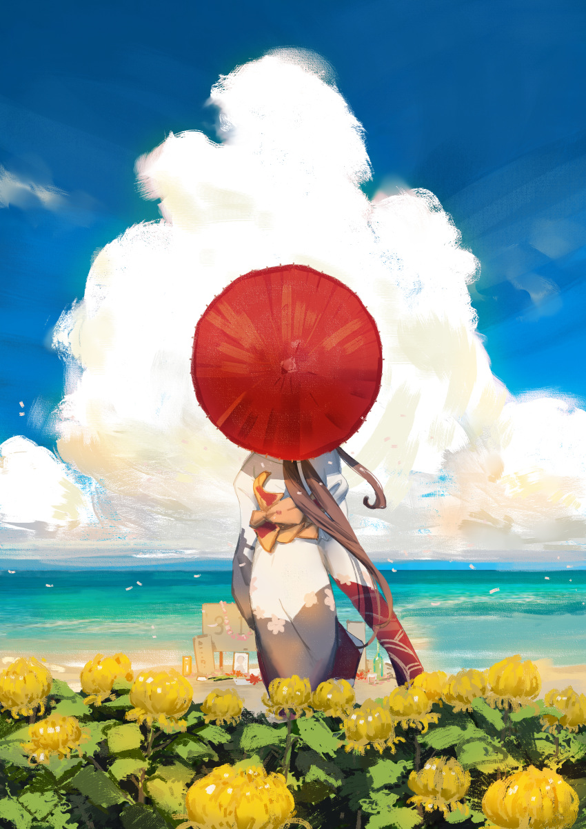 1girl absurdres alternate_costume blue_sky brown_hair clouds commentary day flower from_behind highres japanese_clothes kantai_collection kimono long_hair obi ocean oriental_umbrella outdoors ponytail red_umbrella sash sky solo umbrella very_long_hair white_kimono wide_sleeves yamato_(kantai_collection) ye_fan yellow_flower