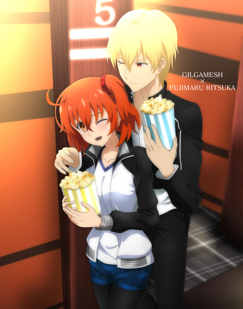 1boy 1girl ;d absurdres black_jacket black_legwear black_pants black_sleeves blonde_hair blue_shorts blurry blurry_background blush brown_eyes character_name closed_mouth collarbone couple dress_shirt fate/grand_order fate_(series) food fujimaru_ritsuka_(female) gilgamesh hair_ornament hair_scrunchie highres holding indoors jacket legwear_under_shorts long_sleeves medium_hair one_eye_closed open_clothes open_jacket open_mouth orange_hair pants pantyhose popcorn red_eyes red_scrunchie scrunchie shi_ma86 shiny shiny_hair shirt short_shorts shorts side_ponytail smile standing white_shirt