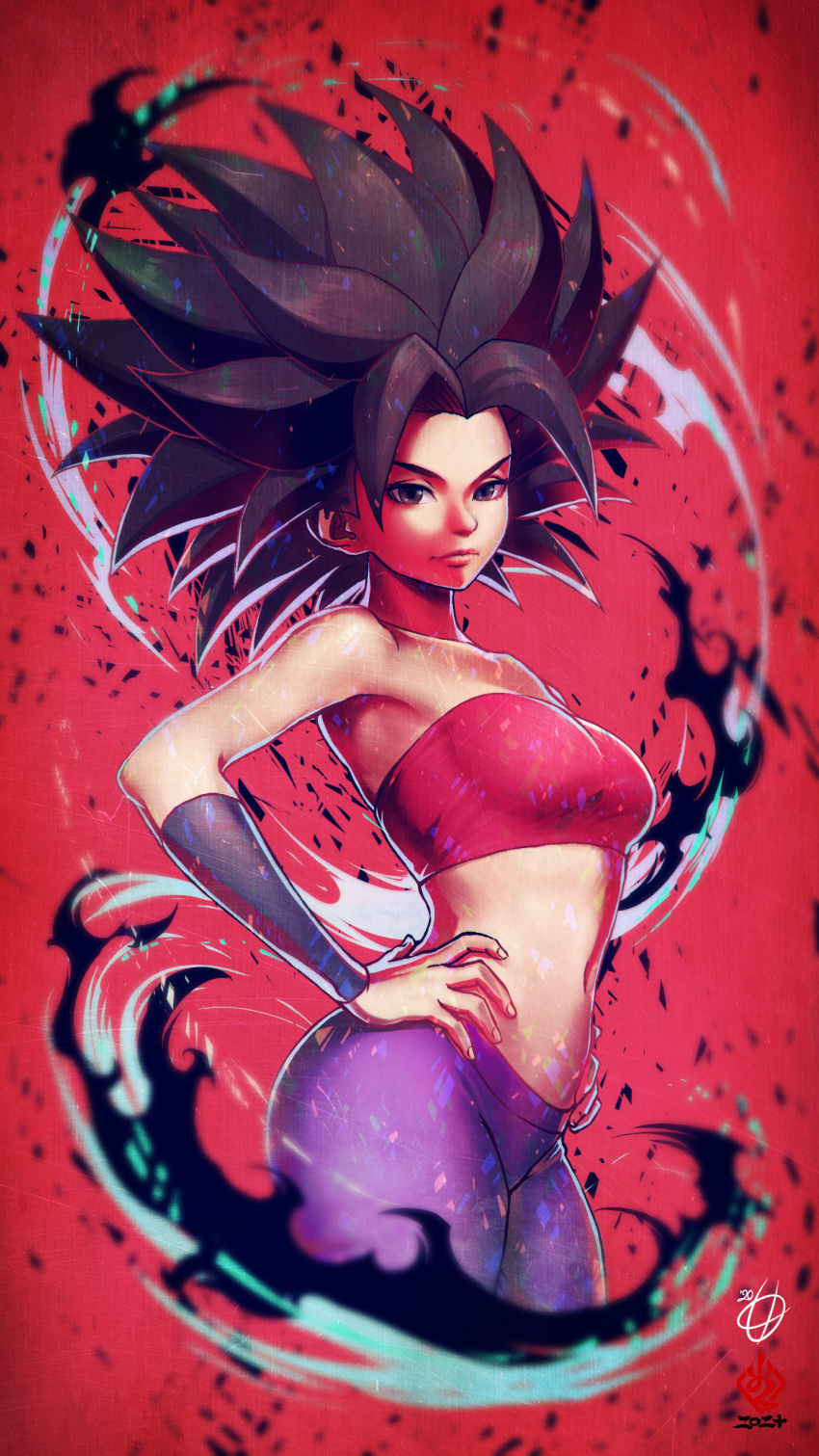 1girl absurdres amaguchi_chiyoko bare_shoulders black_eyes black_hair breasts caulifla closed_mouth collarbone dragon_ball dragon_ball_super hands_on_hips highres looking_at_viewer medium_breasts midriff navel pants purple_pants short_hair signature solo