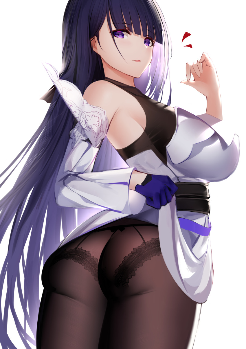 1girl absurdres ass bangs bare_shoulders black_legwear blunt_bangs blush boots breasts clothes_lift commentary_request dress dress_lift earrings eyebrows_visible_through_hair flashing from_behind garter_belt gloves hand_up higandgk highres honkai_(series) honkai_impact_3rd jewelry large_breasts lifted_by_self long_hair looking_at_viewer looking_back pantyhose purple_hair raiden_mei short_dress sidelocks signature simple_background single_glove smile solo standing straight_hair strapless strapless_dress thighband_pantyhose thighs very_long_hair violet_eyes white_background white_dress