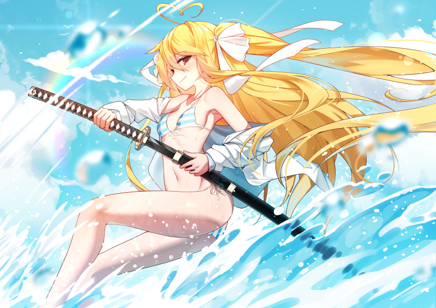 1girl absurdres animal bai_yemeng bangs bare_shoulders bikini blonde_hair blue_sky blurry blurry_foreground blush breasts closed_mouth clouds collarbone commentary_request day depth_of_field eyebrows_visible_through_hair fish floating_hair hair_between_eyes hair_ribbon highres holding holding_sheath holding_sword holding_weapon jacket katana long_hair off_shoulder open_clothes open_jacket original outdoors red_eyes revision ribbon sheath side-tie_bikini sky small_breasts smile solo striped striped_bikini swimsuit sword tokisaki_asaba two_side_up unsheathing very_long_hair water weapon white_jacket white_ribbon x_x