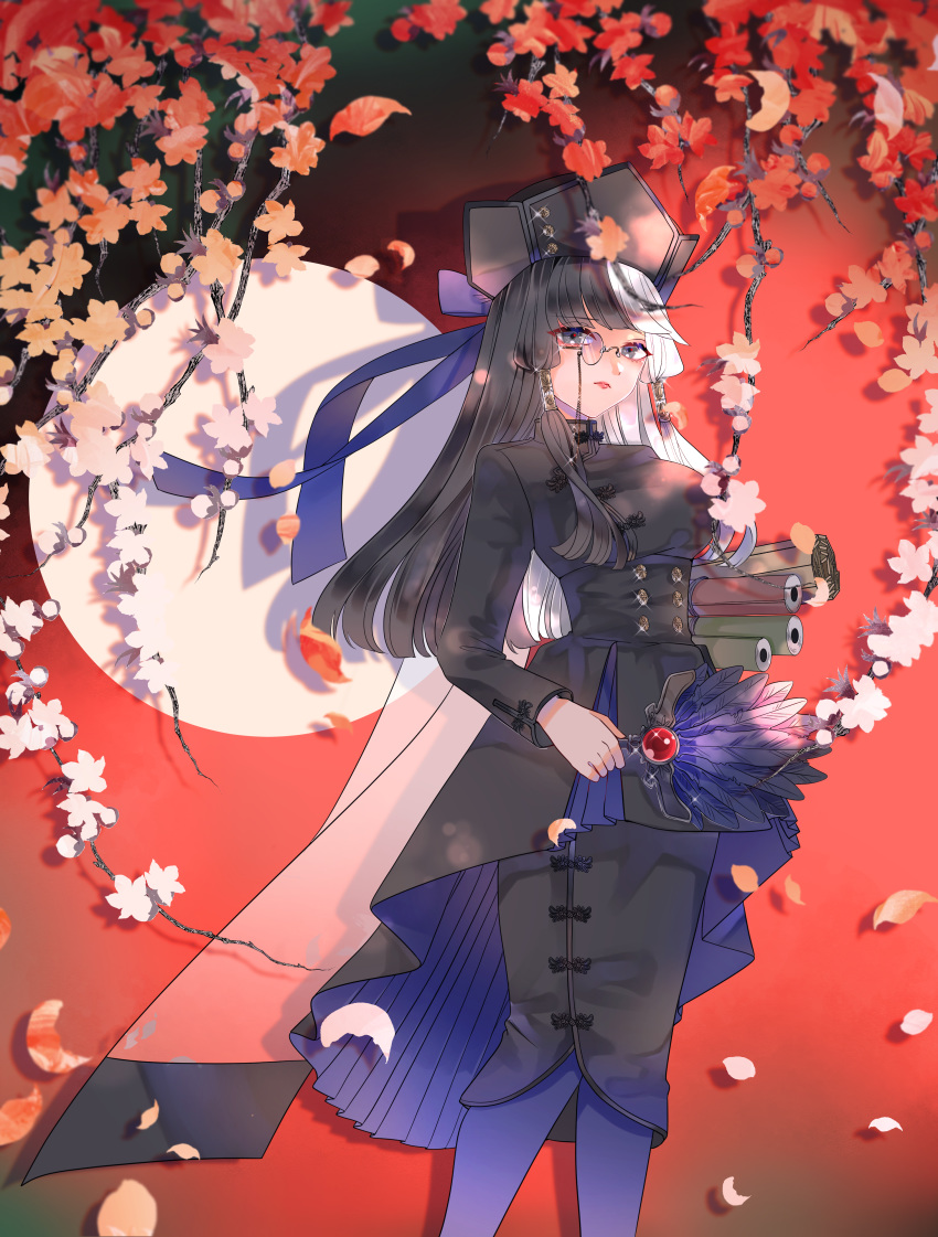 1girl absurdres black_hair black_headwear black_skirt feather_fan frown grey_eyes hair_tubes highres huge_filesize long_hair long_sleeves looking_at_viewer monocle pince-nez pixiv_fantasia pixiv_fantasia_age_of_starlight red_background scroll shadow sidelocks skirt tao_(pixiv_fantasia_age_of_starlight)