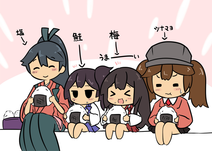 &gt;_&lt; 4girls akagi_(kantai_collection) chibi commentary daigorou_(42036928) eating food highres houshou_(kantai_collection) kaga_(kantai_collection) kantai_collection megahiyo_(style) multiple_girls onigiri ryuujou_(kantai_collection) side_ponytail sitting translated twintails visor_cap