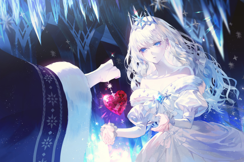 1girl 1other bare_shoulders blue_eyes blurry bow crown crystal dress fajyobore323 frills fur_trim heart holding icicle long_hair original pale_skin parted_lips sparkle standing white_bow white_dress white_hair