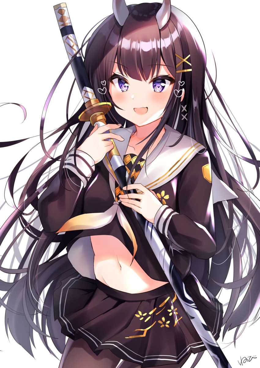 1girl :d azur_lane black_hair black_serafuku black_skirt brown_legwear commentary_request cowboy_shot gradient groin hair_ornament hairclip highres holding holding_sword holding_weapon horns katana long_hair long_sleeves looking_at_viewer midriff miniskirt navel neckerchief nenobi_(nenorium) noshiro_(azur_lane) open_mouth pantyhose pleated_skirt sailor_collar school_uniform serafuku sheath sheathed shirt_overhang signature simple_background skirt smile solo sword very_long_hair violet_eyes weapon white_background x_hair_ornament