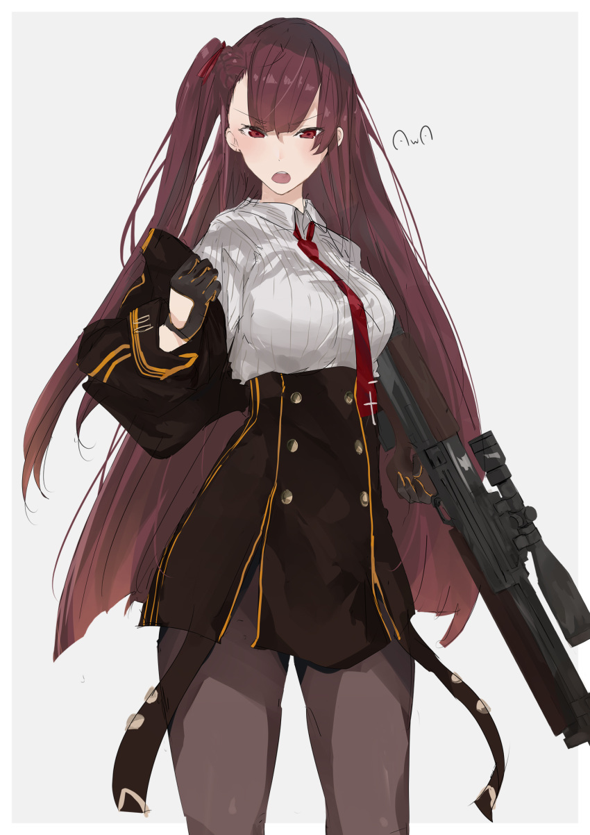 1girl black_gloves breasts bullpup girls_frontline gloves grey_background gun highres jacket_on_shoulders long_hair looking_at_viewer necktie open_mouth pantyhose purple_hair rifle rotalasp shirt skirt sniper_rifle solo violet_eyes wa2000_(girls_frontline) walther walther_wa_2000 weapon white_shirt