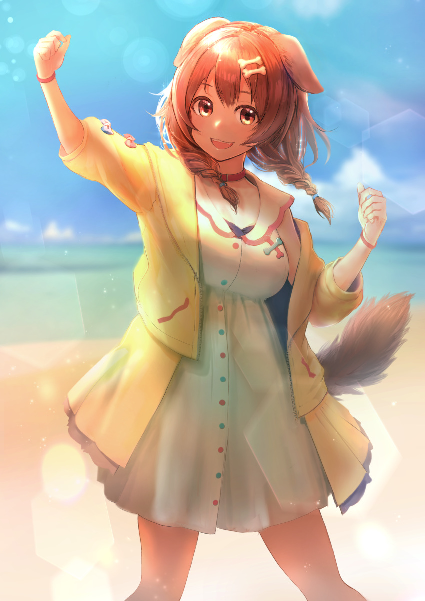 1girl :3 :d akinashe animal_ears blurry blurry_background bone_hair_ornament braid brown_hair clouds commentary_request day depth_of_field dog_ears dog_tail dress highres hololive inugami_korone lens_flare long_hair looking_at_viewer open_mouth outdoors sky smile solo standing tail twin_braids virtual_youtuber water white_dress
