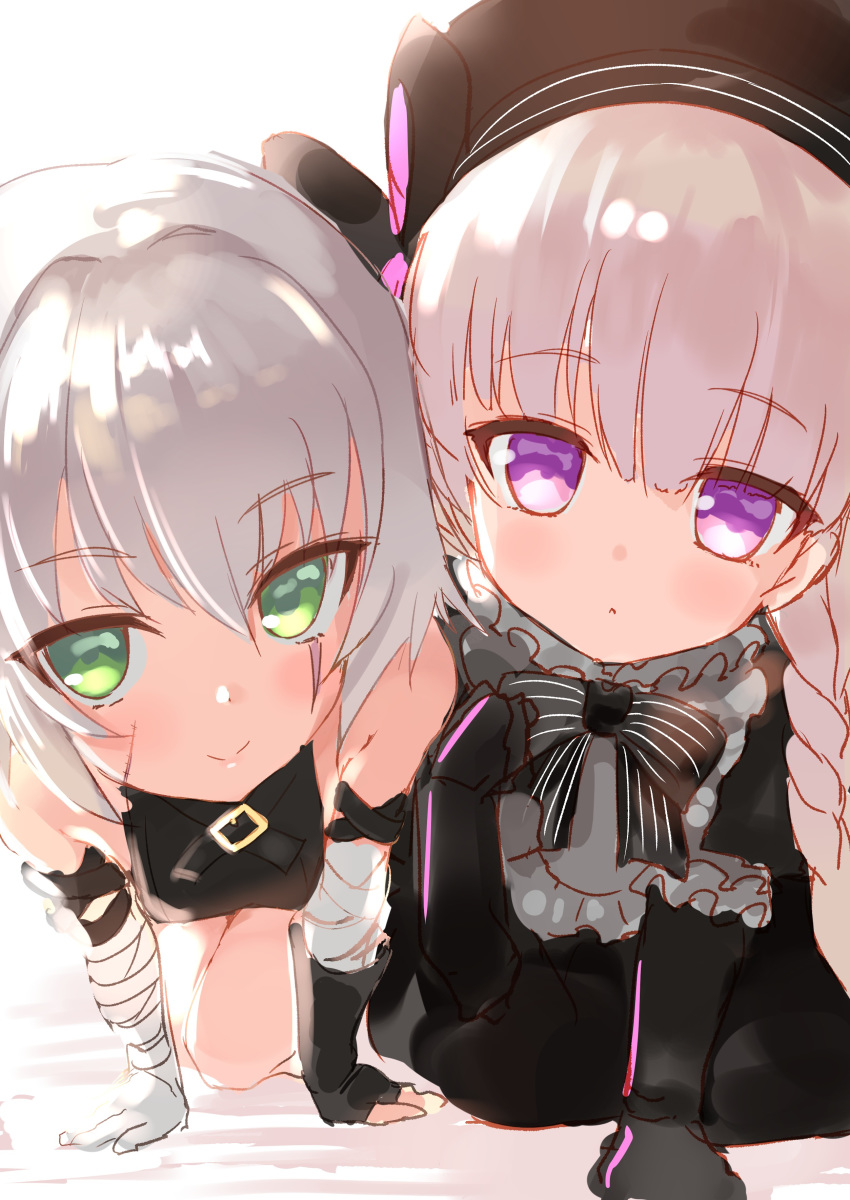 2girls absurdres all_fours arm_belt backlighting bandaged_arm bandages bangs bare_shoulders beret black_bow black_capelet black_gloves black_headwear blush bow braid breasts capelet closed_mouth doll_joints facial_scar fate/apocrypha fate/extra fate_(series) fingerless_gloves frills fur-trimmed_capelet fur_trim gloves green_eyes grey_hair hair_between_eyes hat highres jack_the_ripper_(fate/apocrypha) long_hair looking_at_viewer multiple_girls nishin_(nsn_0822) nursery_rhyme_(fate/extra) open_mouth scar scar_across_eye scar_on_cheek short_hair silver_hair simple_background single_glove small_breasts smile striped striped_bow twin_braids violet_eyes white_background