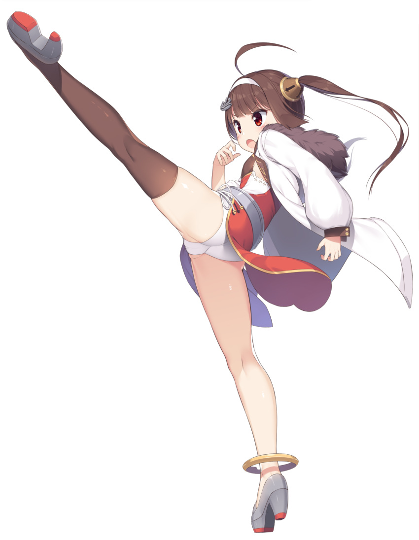 1girl ahoge anchor_hair_ornament azur_lane breasts brown_hair brown_legwear chinese_clothes commentary_request from_side full_body fur-trimmed_jacket fur_trim hair_ornament hairband high_heels high_kick highres jacket kicking kung_fu medium_hair olive_(laai) open_mouth panties pantyshot pantyshot_(standing) ping_hai_(azur_lane) red_eyes simple_background single_thighhigh small_breasts solo standing thigh-highs twintails underwear white_background white_jacket white_panties