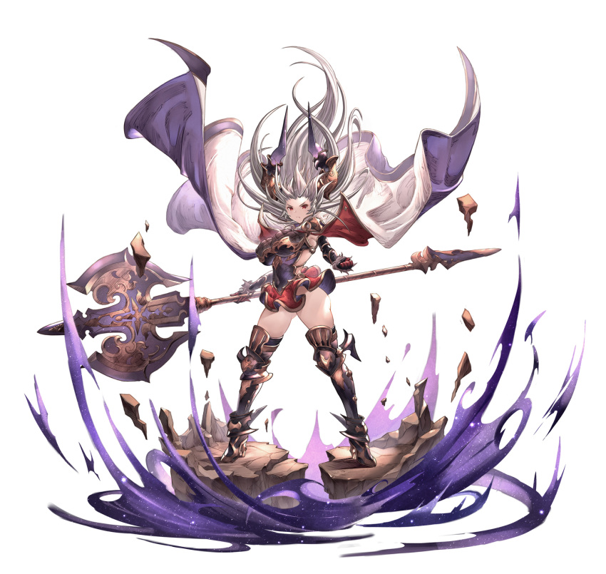 1girl ass_visible_through_thighs axe bangs boots breasts cape closed_mouth draph elbow_gloves full_body fur_trim globe gloves granblue_fantasy greaves grey_hair hair_between_eyes high_heel_boots high_heels highres holding holding_axe holding_weapon horns large_breasts long_hair looking_at_viewer red_eyes red_skirt rock skirt solo thalatha_(granblue_fantasy) thigh-highs thigh_boots very_long_hair weapon wind wind_lift yu_pian