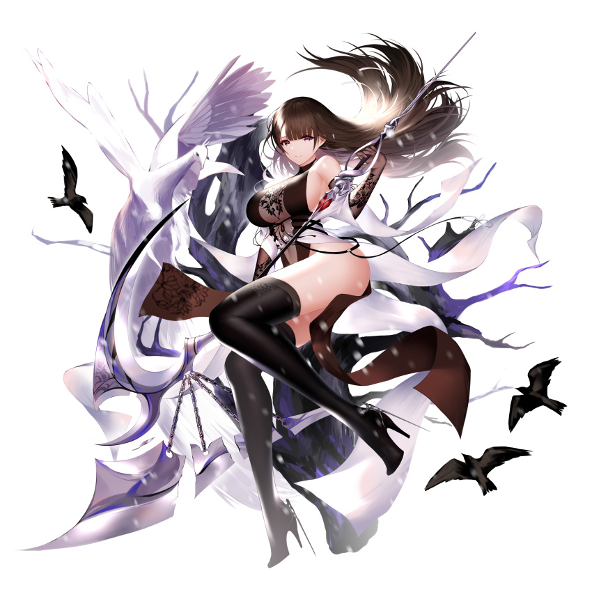 1girl absurdres animal axe bare_shoulders bird black_dress black_footwear boots breasts brown_gloves brown_hair china_dress chinese_clothes commentary_request dress elbow_gloves floating_hair full_body gloves higandgk high_heel_boots high_heels highres holding holding_weapon large_breasts long_hair looking_at_viewer off_shoulder original pelvic_curtain polearm red_eyes revision simple_background sleeveless sleeveless_dress solo thigh-highs thigh_boots thighs weapon white_background