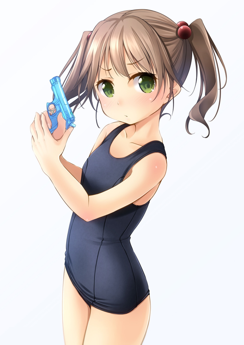 1girl bangs bare_arms bare_shoulders black_swimsuit blue_background blush breasts brown_hair closed_mouth collarbone commentary_request eyebrows_visible_through_hair finger_on_trigger green_eyes hair_bobbles hair_ornament hands_up highres holding looking_at_viewer old_school_swimsuit one-piece_swimsuit original school_swimsuit shibacha small_breasts solo standing swimsuit twintails two-handed