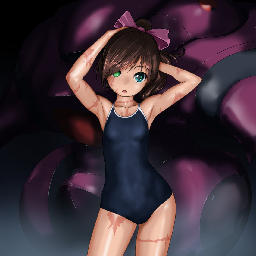 1girl armpits arms_behind_head blue_swimsuit brown_hair commentary_request competition_school_swimsuit contrapposto cowboy_shot flat_chest green_eyes hair_over_one_eye highres long_hair looking_at_viewer mecha original rohitsuka scar school_swimsuit solo standing swimsuit