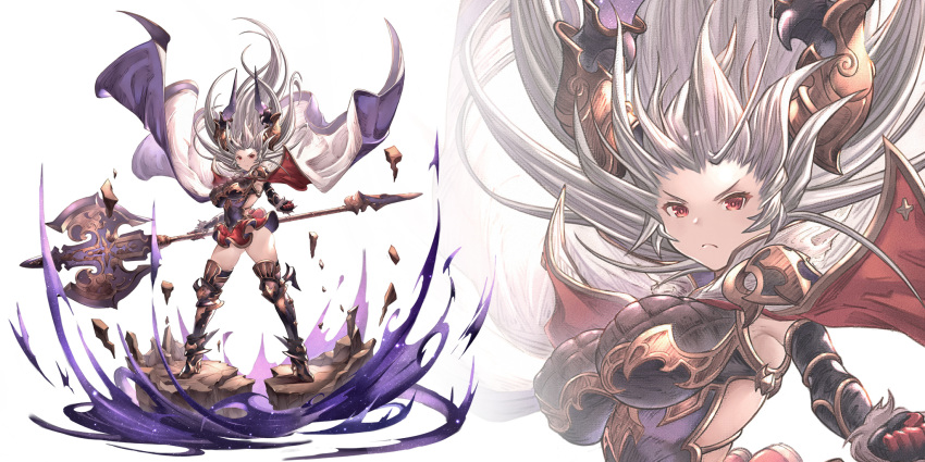 &gt;:( 1girl armor armored_boots ass axe boots breasts cape draph gauntlets granblue_fantasy high_heel_boots high_heels highres horns large_breasts long_hair red_eyes skindentation skirt solo thalatha_(granblue_fantasy) thigh-highs thigh_boots thighs very_long_hair white_hair yu_pian