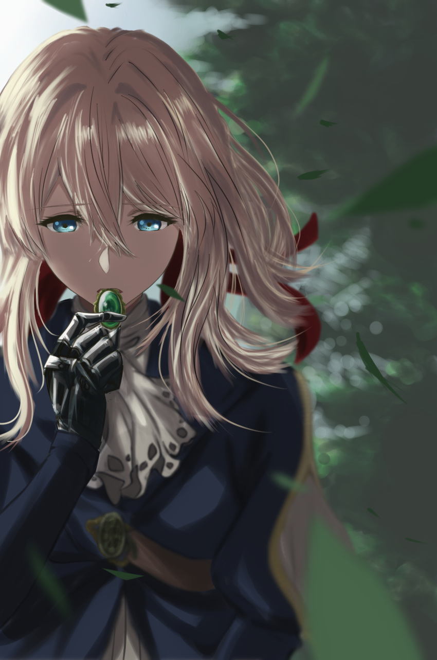 1girl bangs blonde_hair blue_jacket blurry blurry_background eyebrows_visible_through_hair floating_hair hair_between_eyes hair_ribbon highres holding jacket long_hair long_sleeves prosthetic_hand red_ribbon ribbon shiny shiny_hair solo tlilichi upper_body violet_evergarden violet_evergarden_(character) white_neckwear
