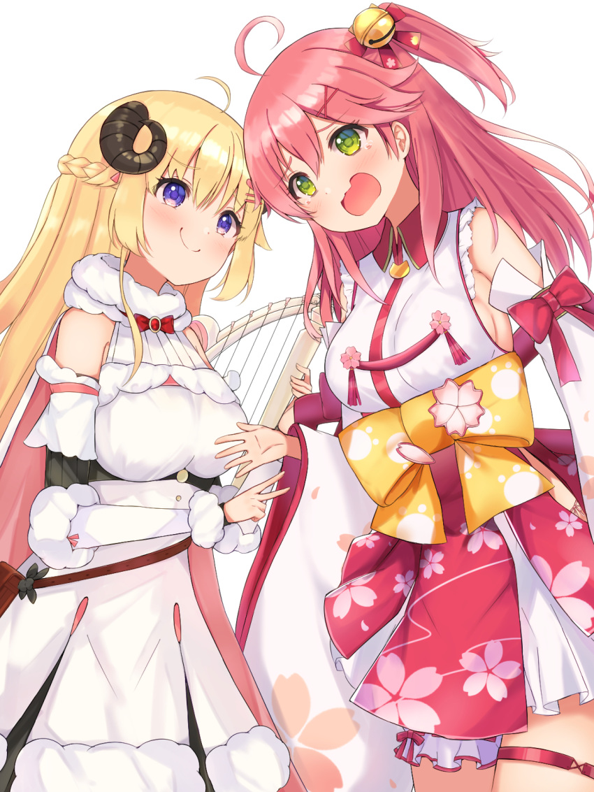 2girls blonde_hair blush breasts commentary_request detached_sleeves green_eyes harp highres hololive horns instrument looking_at_another mi_taro333 multiple_girls nontraditional_miko open_mouth pink_hair rock_paper_scissors sakura_miko sheep_horns simple_background smug tears tsunomaki_watame violet_eyes virtual_youtuber white_background
