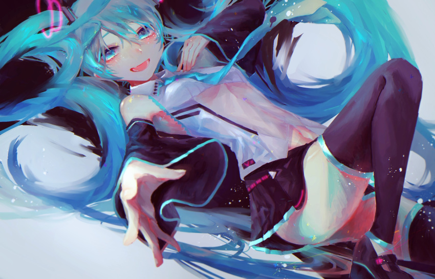 1girl aqua_eyes aqua_hair aqua_neckwear bare_shoulders black_footwear black_legwear black_skirt black_sleeves breasts commentary detached_sleeves hair_ornament hand_on_own_chest hatsune_miku highres long_hair looking_at_viewer lying necktie on_back open_mouth qq_orikou reaching_out shirt shoes skirt sleeveless sleeveless_shirt small_breasts smile solo thigh-highs twintails very_long_hair vocaloid white_shirt