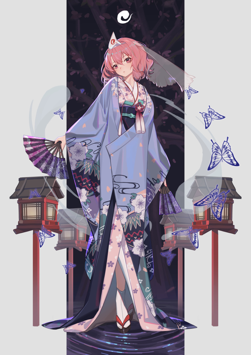 1girl absurdres blue_kimono bug butterfly fan floral_print folding_fan full_body grey_background hair_between_eyes highres hitodama holding holding_fan insect japanese_clothes kimono lantern lips long_sleeves looking_at_viewer obi parted_lips pink_eyes pink_hair ripples saigyouji_yuyuko sandals sash short_hair socks solo standing tabi touhou triangular_headpiece veil white_legwear wide_sleeves xtears_kitsune