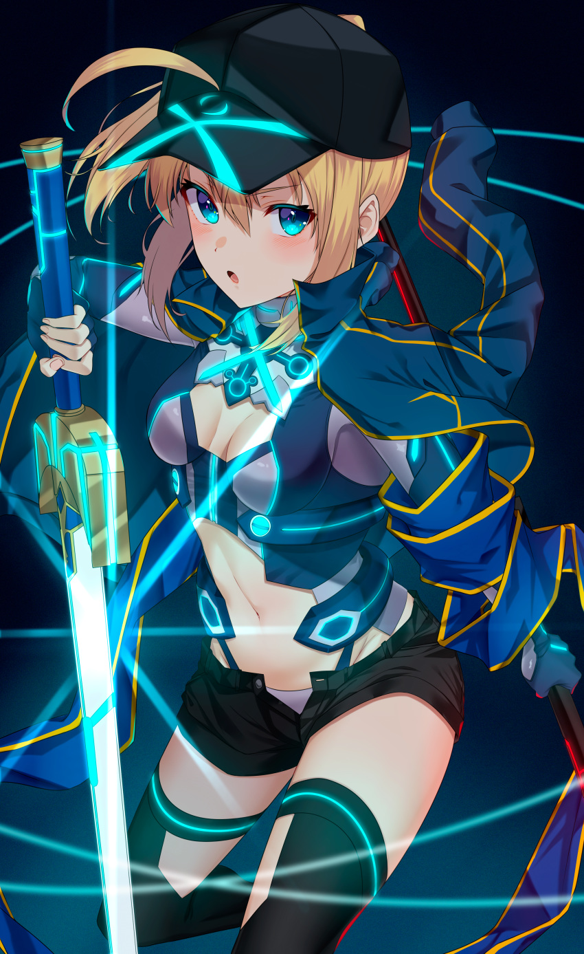 1girl absurdres ahoge artoria_pendragon_(all) bangs baseball_cap black_headwear black_legwear black_shorts blonde_hair blue_eyes blue_jacket blue_scarf blush breasts commentary_request dark_excalibur fate/grand_order fate_(series) hair_between_eyes hair_through_headwear hat highres himitsucalibur holding holding_sword holding_weapon huge_filesize jacket jun_(540000000000000) long_hair long_sleeves looking_at_viewer medium_breasts mysterious_heroine_x navel open_mouth open_track_jacket ponytail rojiura_satsuki:_chapter_heroine_sanctuary scarf shorts sidelocks solo sword thigh-highs thighs track_jacket weapon