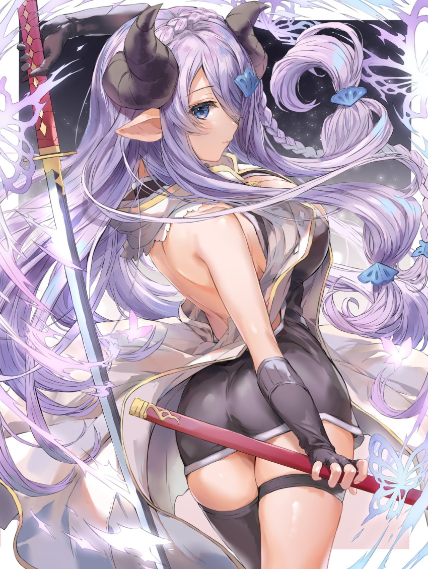 1girl ass backless_dress backless_outfit blue_eyes braid breasts bug butterfly draph dress fingerless_gloves garter_belt gloves granblue_fantasy hair_ornament hair_over_one_eye highres holding holding_sword holding_weapon horns insect katana large_breasts lavender_hair light_particles long_hair narmaya_(granblue_fantasy) ooluoul pointy_ears sheath solo sword thigh-highs weapon