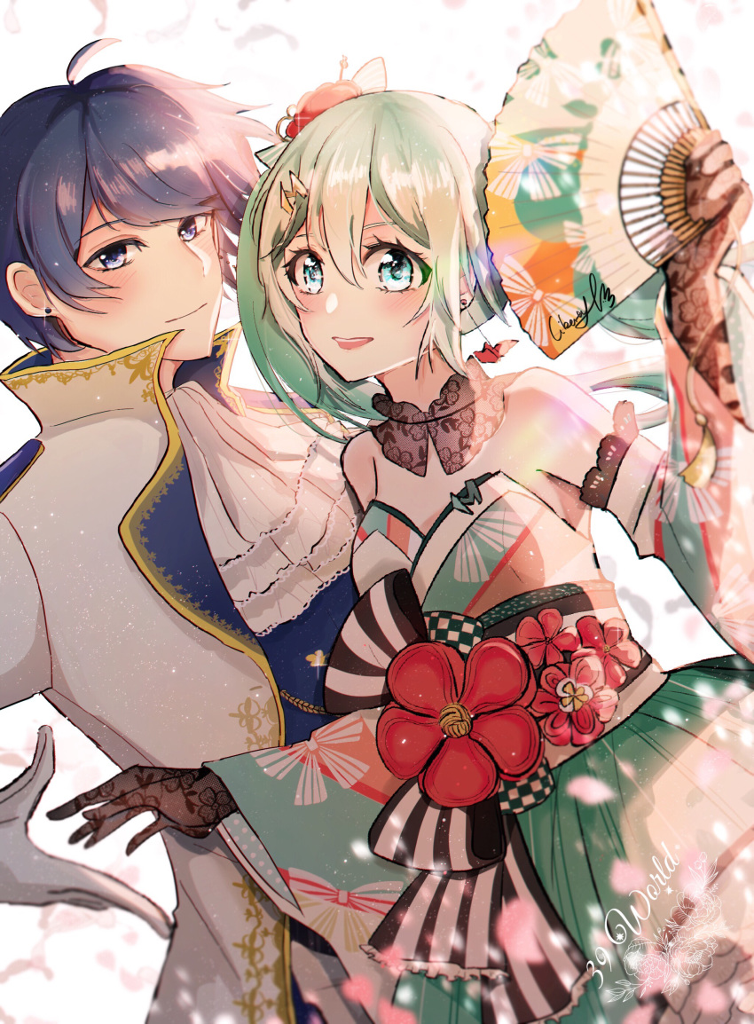 1boy 1girl 39 absurdres aqua_eyes aqua_hair bare_shoulders black_gloves blue_eyes blue_hair blurry blurry_background blurry_foreground coat commentary detached_sleeves dress_flower dutch_angle english_commentary falling_petals fan flower folding_fan gloves hair_ornament hairclip hatsune_miku highres holding holding_fan jabot japanese_clothes kaito kimono libertyp39 long_hair looking_at_viewer obi open_mouth petals red_flower sash sidelighting smile twintails upper_body vocaloid white_background white_coat white_gloves