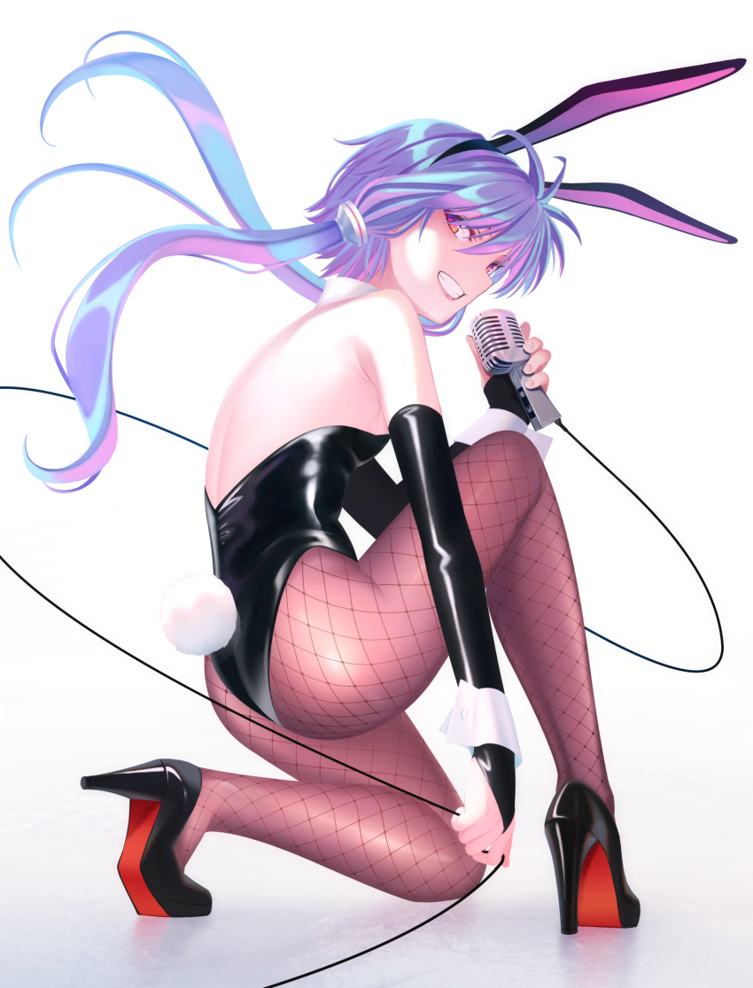 1girl animal_ears ass bare_shoulders black_footwear black_gloves black_leotard breasts brown_legwear bunny_tail commentary_request detached_collar fake_animal_ears fishnet_legwear fishnets full_body gloves high_heels highres holding holding_microphone leotard long_hair looking_at_viewer low_twintails microphone mikoma_sanagi one_knee pantyhose purple_hair rabbit_ears red_eyes shoes small_breasts smile solo tail twintails voiceroid white_background wrist_cuffs yuzuki_yukari