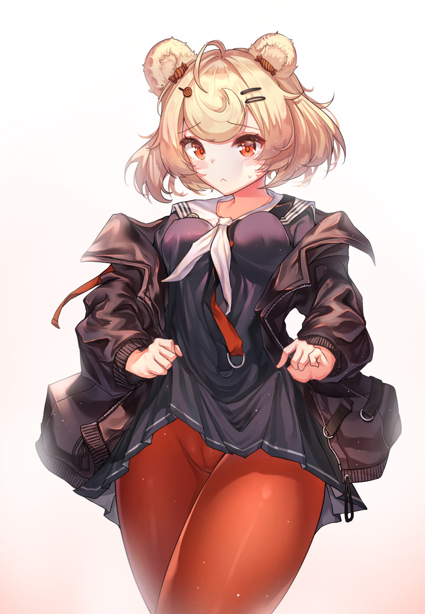 1girl :&lt; absurdres ahoge animal_ears arknights bangs black_dress black_jacket blonde_hair blush breasts commentary cowboy_shot dress dress_lift eyebrows_visible_through_hair gradient gradient_background gummy_(arknights) hair_ornament hairclip highres jacket lifted_by_self long_sleeves mecha_(alswp) medium_breasts neckerchief off_shoulder open_clothes open_jacket orange_legwear pantyhose pink_background red_eyes short_dress short_hair solo standing thighs white_background white_neckwear