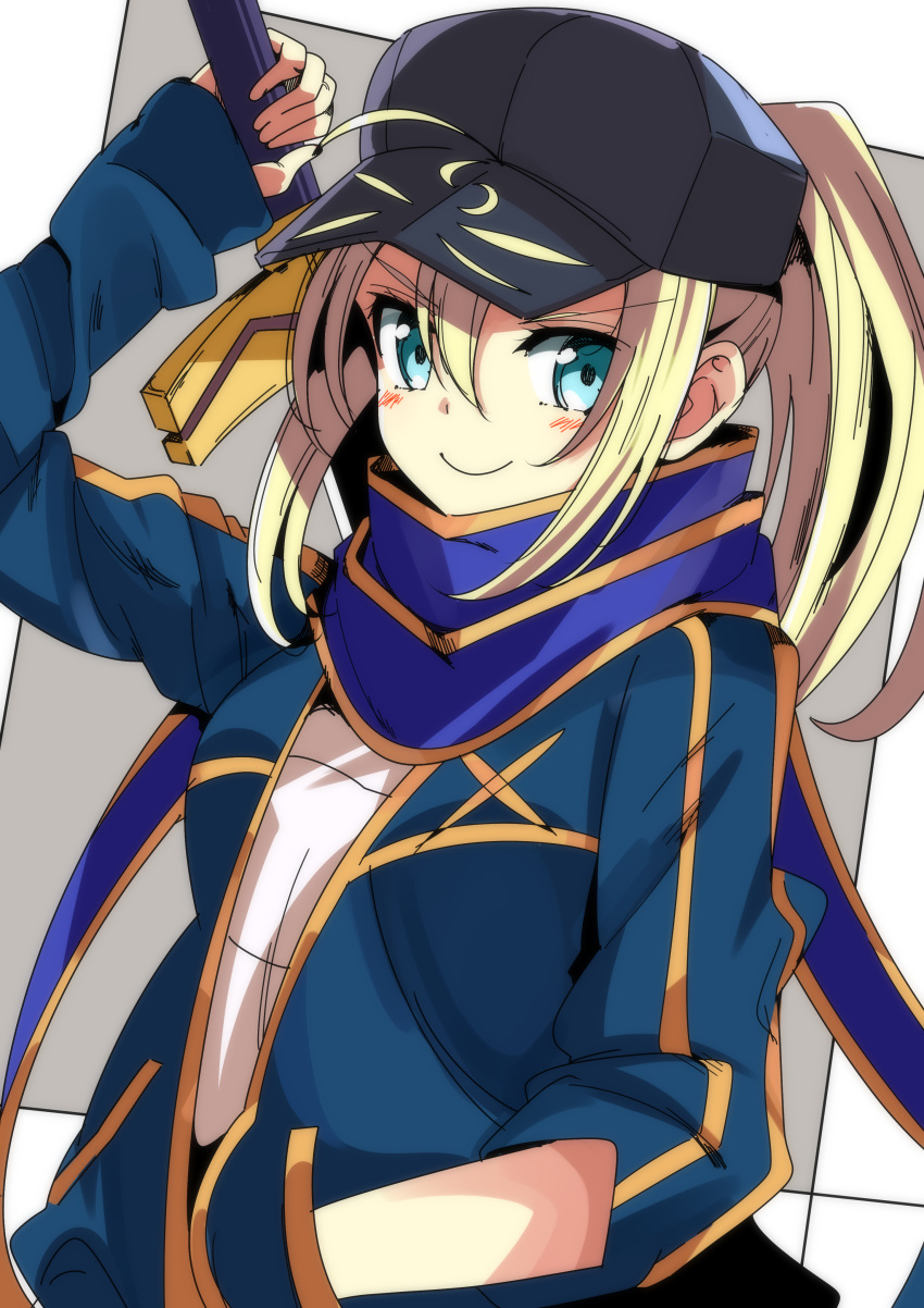 1girl absurdres ahoge aqua_eyes artoria_pendragon_(all) black_headwear blonde_hair blue_scarf blush closed_mouth commentary_request fate/grand_order fate_(series) hair_between_eyes hair_through_headwear hand_in_pocket highres looking_at_viewer mysterious_heroine_x ponytail scarf short_hair sinakyo smile solo