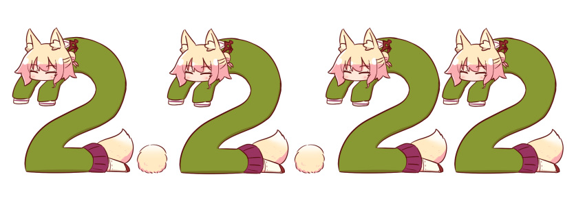 4girls ^_^ animal_ear_fluff animal_ears bangs blonde_hair blush brown_footwear closed_eyes dated eyebrows_visible_through_hair fox_ears fox_girl fox_tail fur green_shirt hair_bun hair_ornament highres kemomimi-chan_(naga_u) long_hair long_sleeves multiple_girls naga_u number original pleated_skirt purple_skirt ribbon-trimmed_legwear ribbon_trim sailor_collar shirt simple_background skirt sleeves_past_fingers sleeves_past_wrists tail thigh-highs white_background white_legwear white_sailor_collar