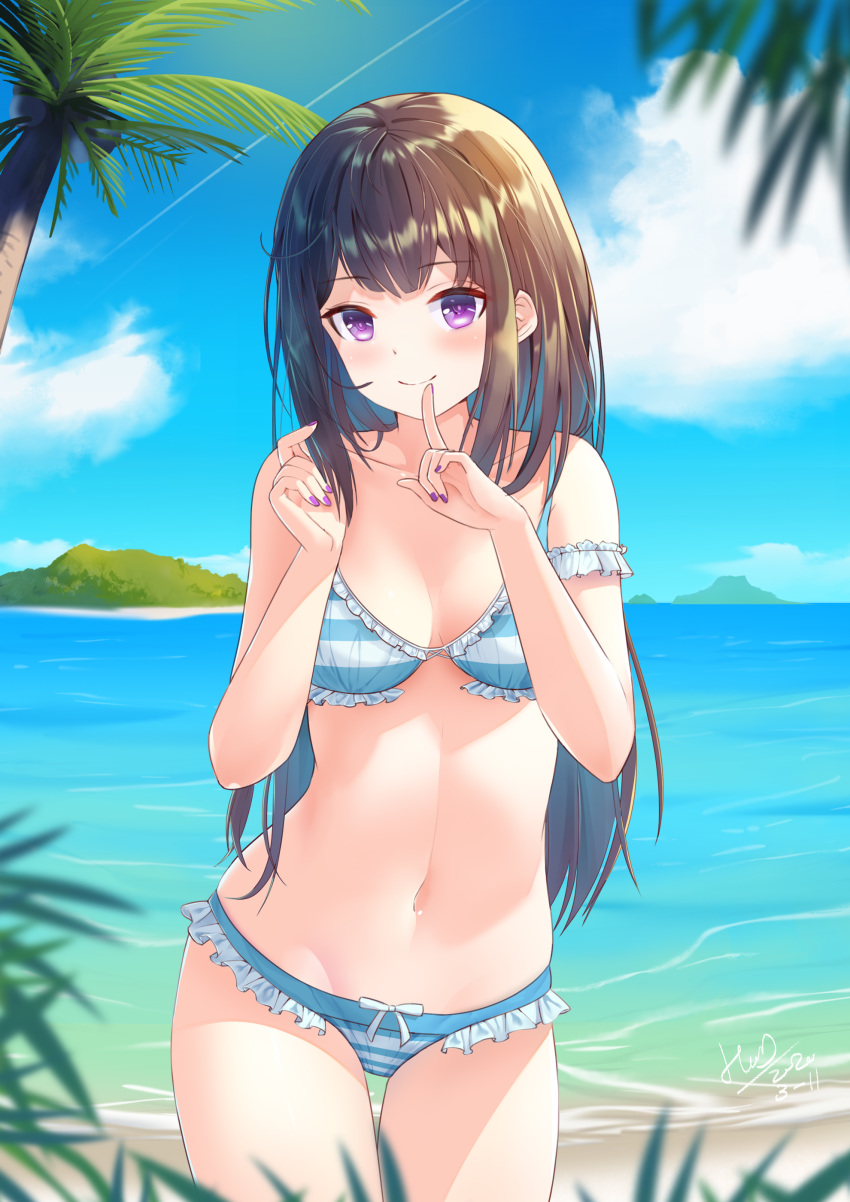 1girl absurdres arm_garter bangs bare_arms bare_shoulders beach bikini blue_bikini blue_sky blush borrowed_character breasts brown_hair clouds collarbone cowboy_shot dated day eyebrows_visible_through_hair finger_to_mouth frilled_bikini frills hands_up highres hkd long_hair looking_at_viewer medium_breasts miwabe_sakura_(style) nail_polish navel ocean original outdoors palm_tree purple_nails signature sky smile solo standing stomach striped striped_bikini swimsuit thighs tree violet_eyes water