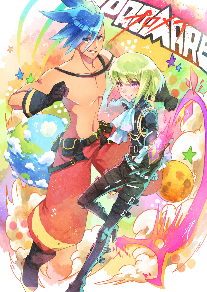 2boys absurdres belt black_gloves black_pants blue_eyes blue_hair boots clenched_hands clouds copyright_name cravat earth eyes_visible_through_hair fire galo_thymos gloves green_hair grin highres lio_fotia male_focus multiple_boys pants promare red_pants shirtless smile spiky_hair star tamaru violet_eyes