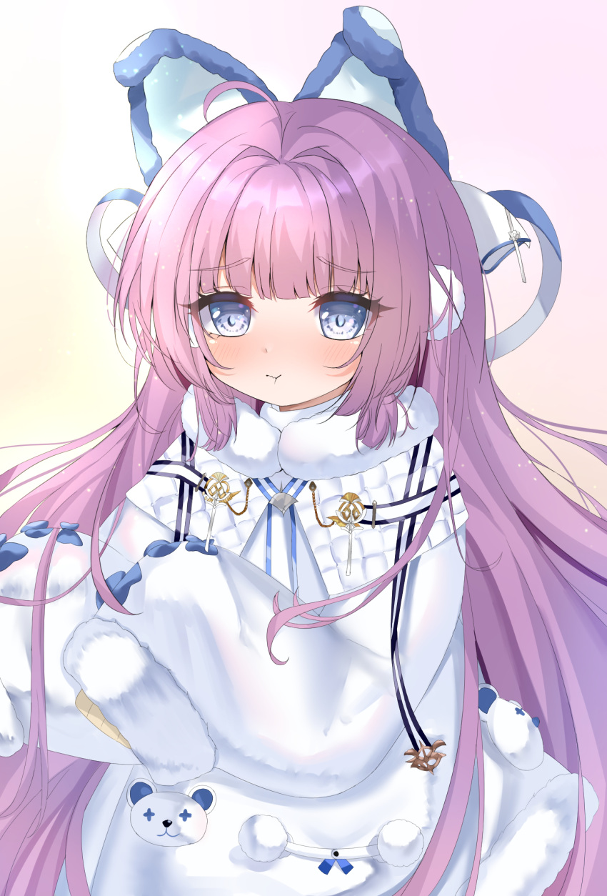 1girl animal_ears azur_lane blue_eyes blush coat dress earmuffs eyebrows_visible_through_hair fake_animal_ears fur_trim gradient gradient_background hair_ornament hair_ribbon highres long_hair long_sleeves looking_at_viewer pduj4837 ponytail purple_hair ribbon sleeves_past_wrists solo sweater tashkent_(azur_lane) very_long_hair white_coat winter_clothes