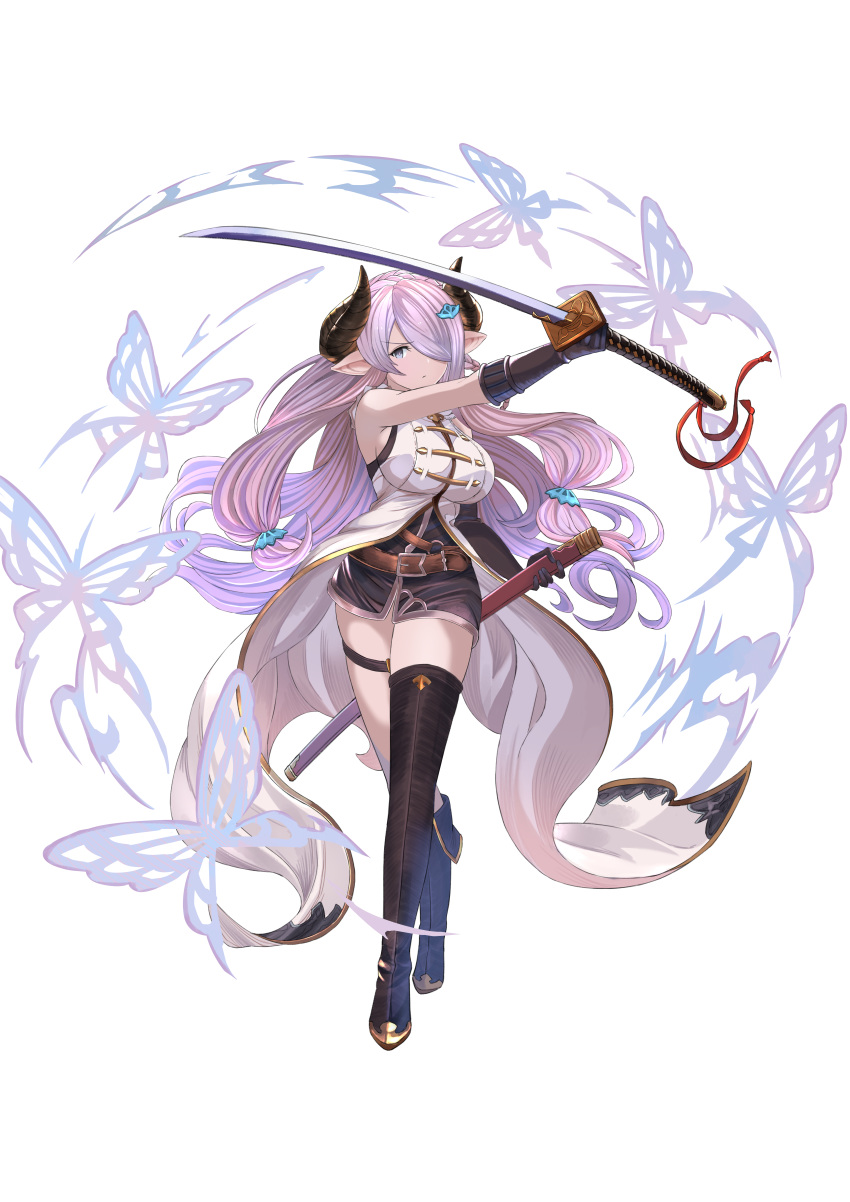 1girl absurdres asymmetrical_footwear asymmetrical_gloves bangs bare_shoulders belt black_gloves boots braid breasts demon_horns draph elbow_gloves full_body gloves granblue_fantasy hair_ornament hair_over_one_eye hairclip highres holding holding_sword holding_weapon horns huge_filesize katana large_breasts lavender_hair long_hair low-tied_long_hair low_tied_hair narmaya_(granblue_fantasy) pointy_ears sheath simple_background single_braid single_thighhigh sleeveless solo sword thigh-highs thigh_boots thigh_strap tied_hair tnr_(horiko1525) weapon white_background