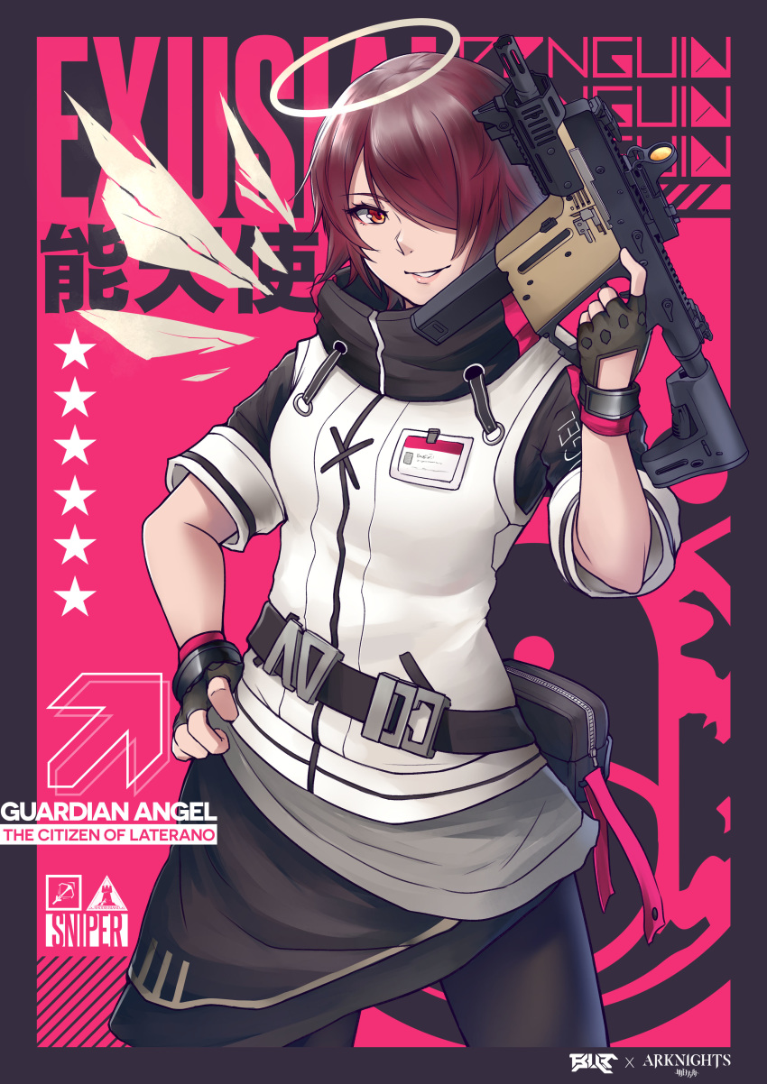 1girl absurdres arknights bad_id bad_pixiv_id bangs belt black_belt black_border black_gloves black_legwear black_skirt blueriest border character_name commentary copyright_name cowboy_shot directional_arrow exusiai_(arknights) fingerless_gloves gloves grin gun hair_over_one_eye halo hand_on_hip hand_up high_collar highres holding holding_gun holding_weapon jacket looking_at_viewer pantyhose parted_lips pink_background pouch raglan_sleeves red_eyes redhead short_hair short_sleeves skirt smile solo standing weapon white_jacket