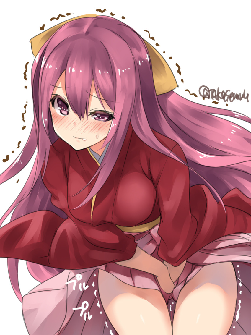 1girl bow commentary_request covering covering_crotch cowboy_shot hair_bow hakama hakama_lift have_to_pee highres japanese_clothes kamikaze_(kantai_collection) kantai_collection kimono leaning_forward long_hair meiji_schoolgirl_uniform pink_hakama purple_hair red_kimono simple_background solo takase_muu tasuki trembling twitter_username violet_eyes white_background yellow_bow