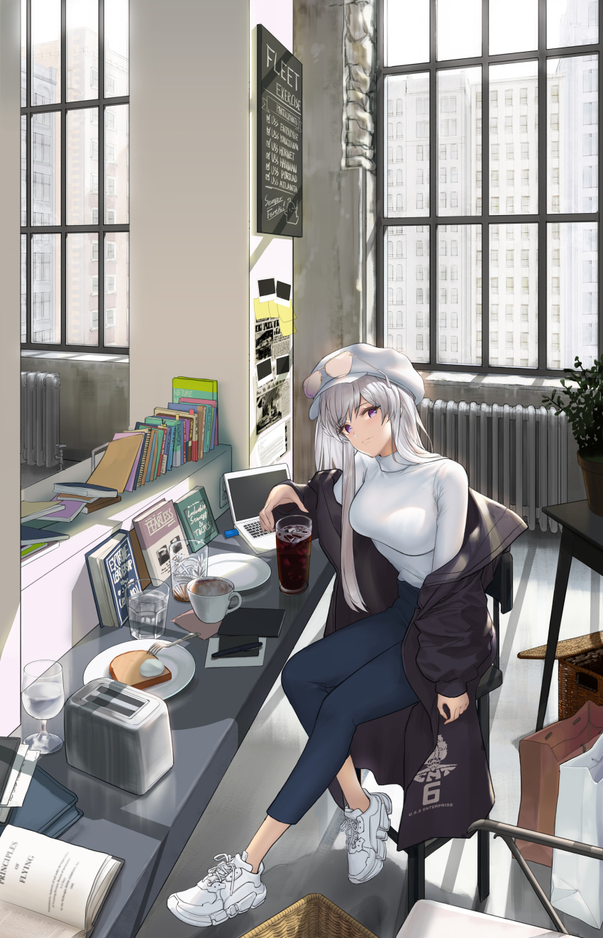 1girl absurdres azur_lane black_coat blue_pants blush book breasts casual coat computer cup enterprise_(azur_lane) eyebrows_visible_through_hair full_body hat highres hsh_thx indoors laptop large_breasts long_hair looking_at_viewer office pants peaked_cap scenery silver_hair sitting smile solo sweater violet_eyes white_sweater window