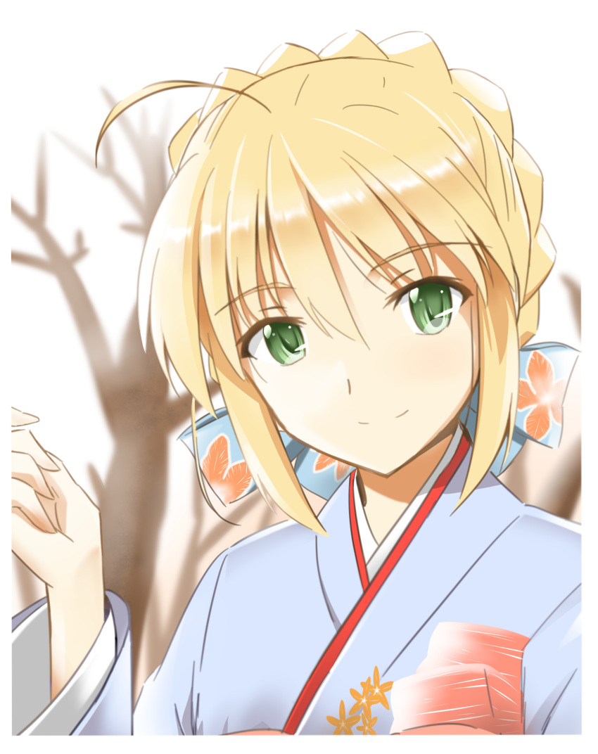 1girl absurdres ahoge artoria_pendragon_(all) bangs blonde_hair blue_bow blue_kimono blurry blurry_background bow braid braided_bun closed_mouth eyebrows_visible_through_hair fate/stay_night fate_(series) green_eyes hair_between_eyes hair_bow highres japanese_clothes kimono looking_at_viewer pink_bow portrait print_kimono saber shiny shiny_hair short_hair smile solo taniryuu2