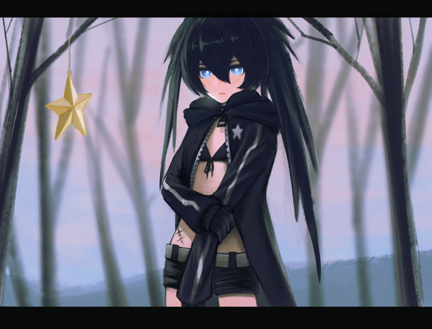 1girl asymmetrical_hair bangs belt bikini bikini_top black_bikini black_coat black_gloves black_hair black_rock_shooter black_rock_shooter_(character) black_shorts blue_eyes blurry blurry_background closed_mouth coat cowboy_shot flat_chest forest front-tie_bikini front-tie_top gloves grey_belt hair_between_eyes highres hooded_coat long_hair ly_(pixiv13839236) nature open_clothes open_coat scar shiny shiny_hair short_shorts shorts solo standing star star_print swimsuit twintails unzipped very_long_hair