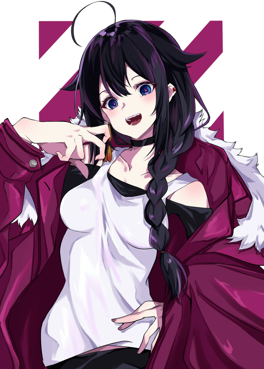1girl absurdres alternate_costume black_hair blush braid breasts casual coat commentary hair_flaps hair_ornament hair_over_shoulder hair_ribbon highres kantai_collection long_hair looking_at_viewer medium_breasts na-code_(gurich) open_mouth purple_coat ribbon shigure_(kantai_collection) shirt single_braid sleeveless sleeveless_shirt solo striped striped_background violet_eyes